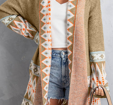 Khaki Aztec Print Open Front Knitted Cardigan