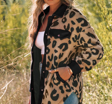 Black Contrast Trimmed Leopard Teddy Shacket