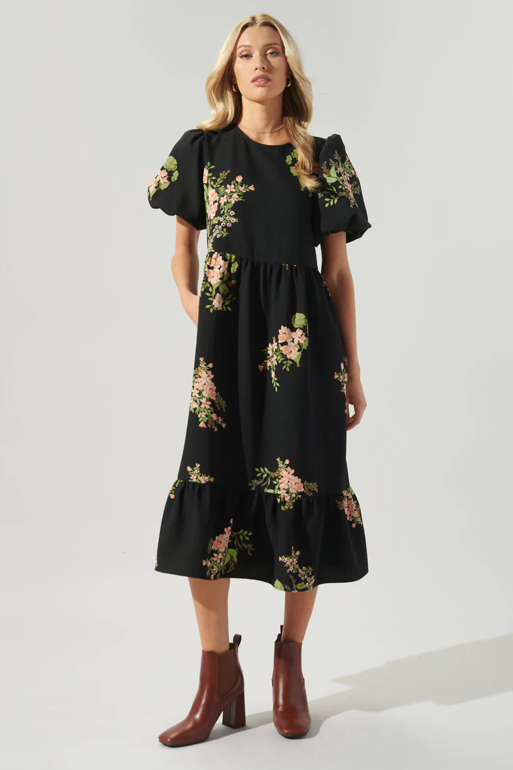 Jasleen Floral Papillon Puff Sleeve Midi Dress