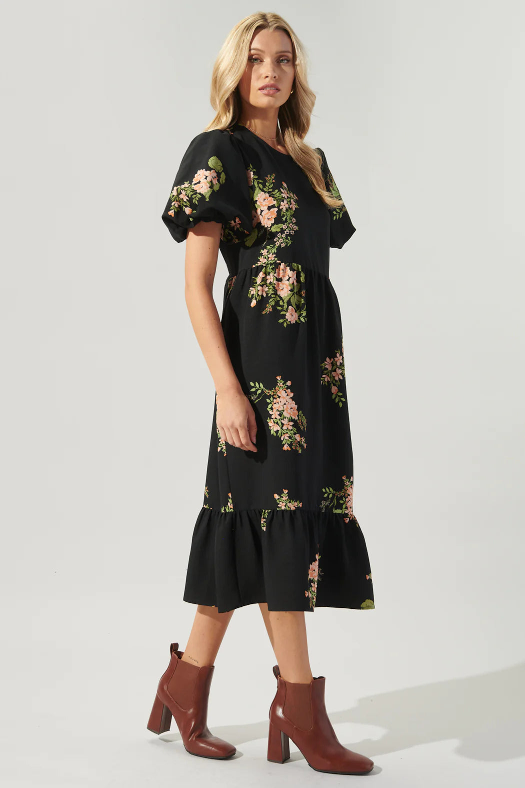 Jasleen Floral Papillon Puff Sleeve Midi Dress