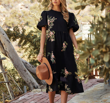 Jasleen Floral Papillon Puff Sleeve Midi Dress