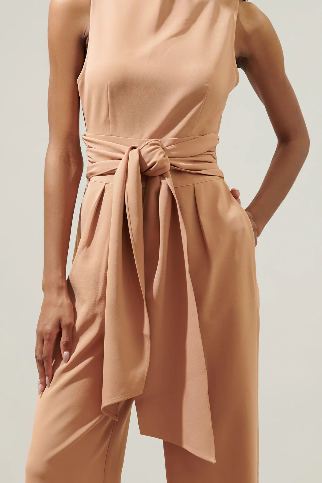 Over It Mock Neck Knotted Jumpsuit