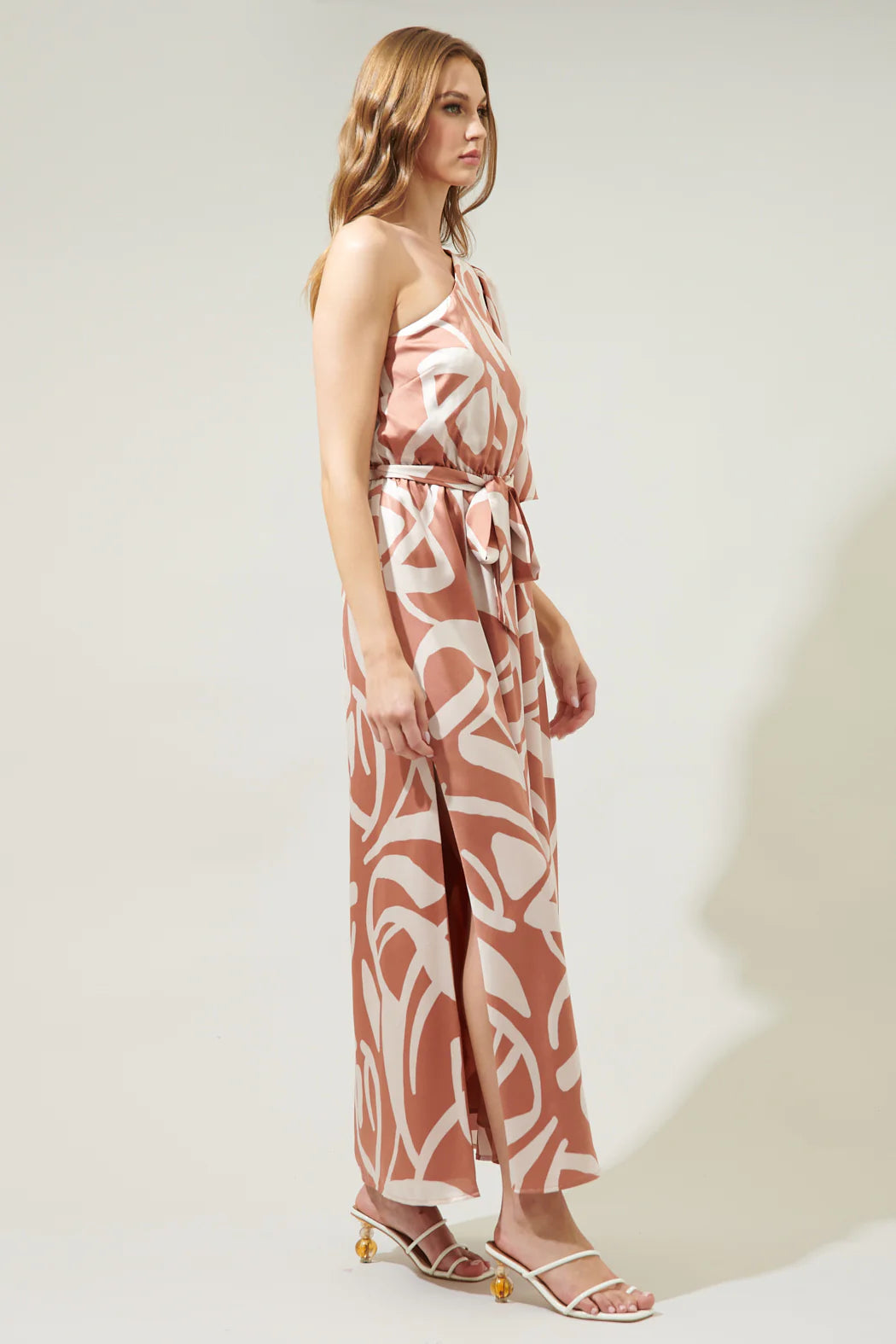 Peachy Keen Abstract Meara One Shoulder Satin Maxi Dress