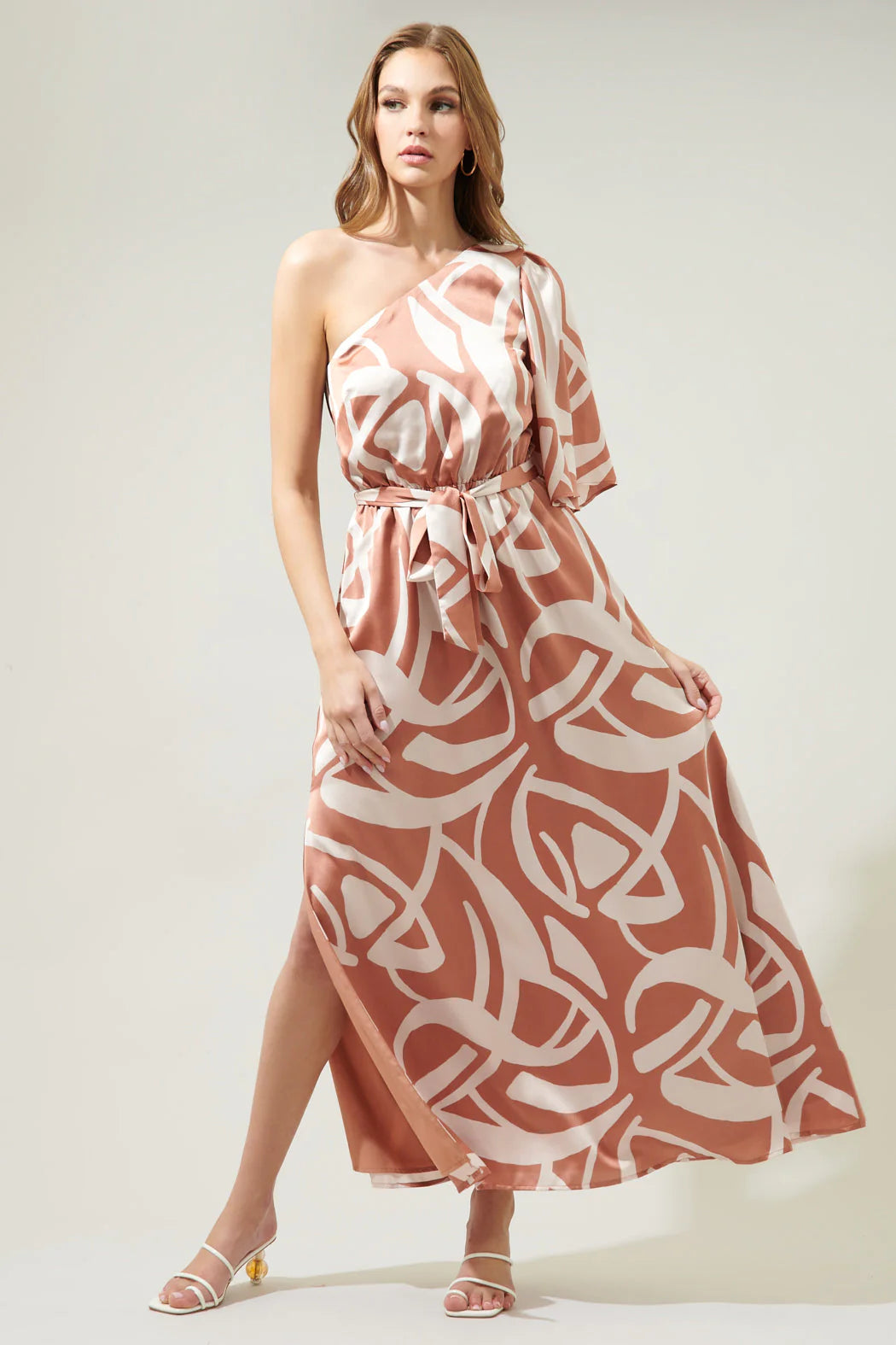 Peachy Keen Abstract Meara One Shoulder Satin Maxi Dress