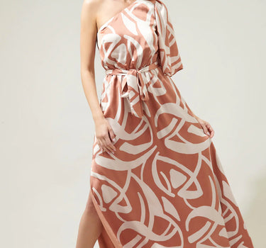 Peachy Keen Abstract Meara One Shoulder Satin Maxi Dress