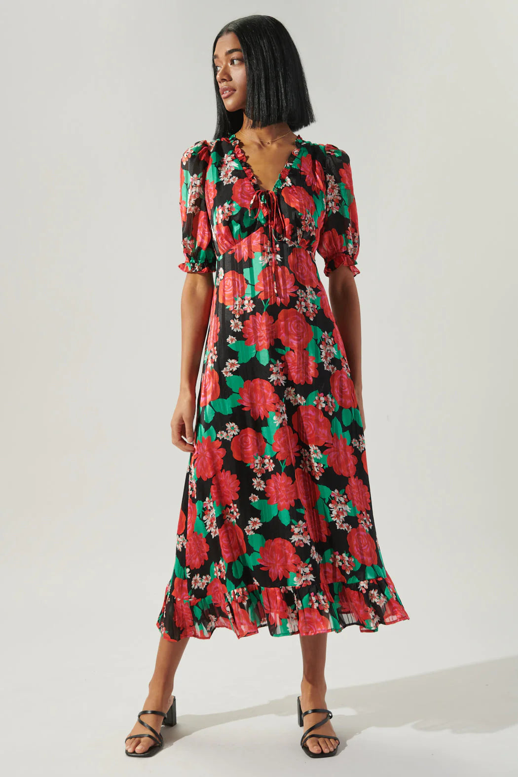 Rosabella Midi Puff Sleeve V Neck Dress