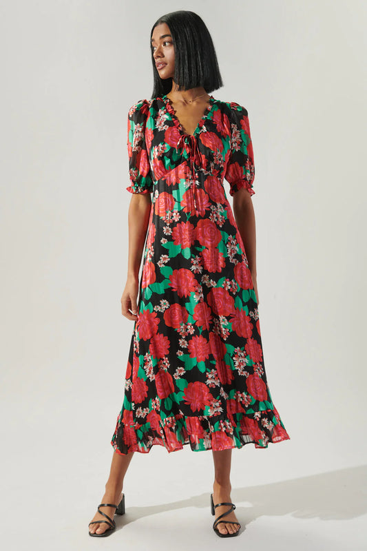 Rosabella Midi Puff Sleeve V Neck Dress