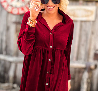 Fiery Red Long Sleeve Ruffle Velvet Button Up Dress