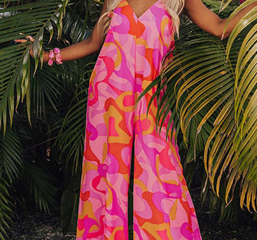 Pink Boho Abstract Print V Neck Wide Leg Jumpsuit