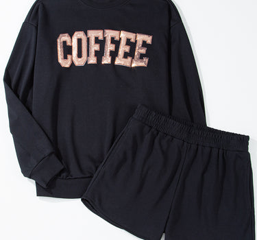 Black Sequined COFFEE Loose Fit Sweatshirt and Shorts Set