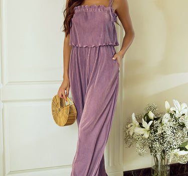 Rose Tan Solid Self Tied Straps Pleated Wide Leg Jumpsuit