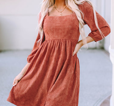 Brown Suede Square Neck Puff Sleeve Dress