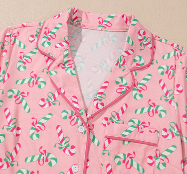 Pink Christmas Candy Cane Print Pocketed Knotted Pajama Set