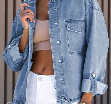 Sky Blue Roll-Up Tab Sleeve Button Down Pocket Denim Jacket