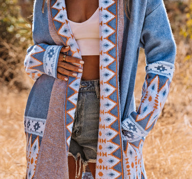 Blue Aztec Print Open Front Knitted Cardigan