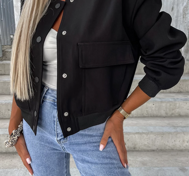 Black Big Pockets Baseball Collar Jacket