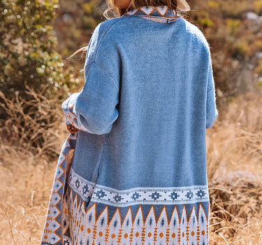 Blue Aztec Print Open Front Knitted Cardigan