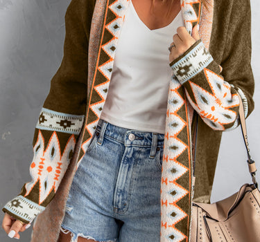 Brown Aztec Print Open Front Knitted Cardigan