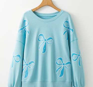 Beau Blue Sequined Bowknot Drop Shoulder Oversized Sweatshirt