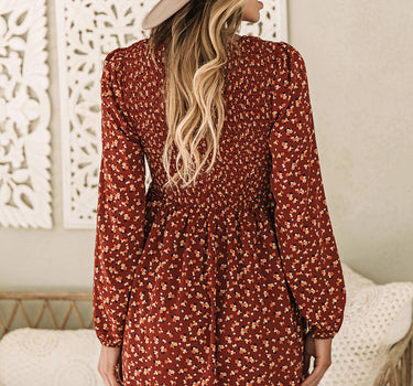 Brown Floral Smocked Bodice Mini Dress