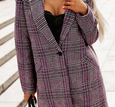 Pink Plaid Lapel Collar One Button Midi Coat