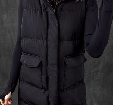 Black Windproof Longline Full Zipper Puffer Vest with Pockets