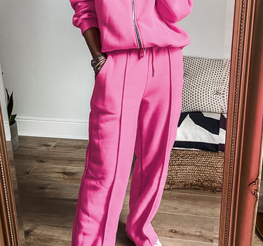 Bright Pink Solid Seamed Zipper Jacket and Drawstring Waist Pants Set