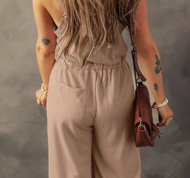 Pale Khaki Knotted Straps Button Textured Drawstring Jumpsuit