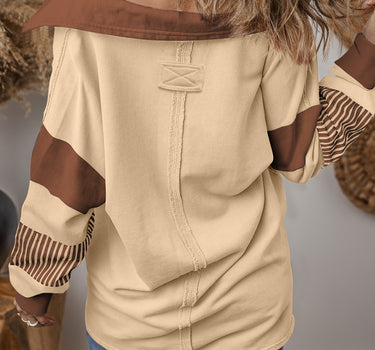 Light French Beige Striped Colorblock Patchwork Collar Sweatshirt