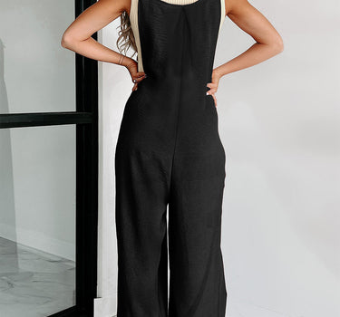 Black Textured Buttoned Straps Ruched Wide Leg Jumpsuit