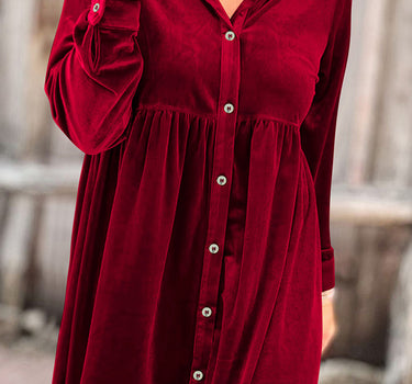 Fiery Red Long Sleeve Ruffle Velvet Button Up Dress