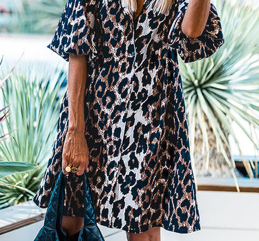 Black Leopard Puff Sleeve Buttons Front Shirt Dress