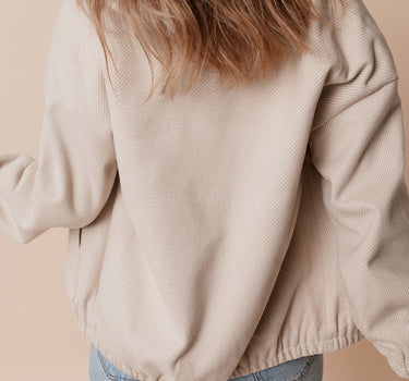 Beige Baseball Collar Snap ButtIon Pocketed Bomber Jacket