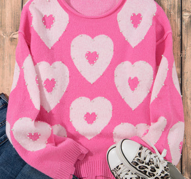 Bonbon Pearl Beaded Heart Drop Shoulder Sweater