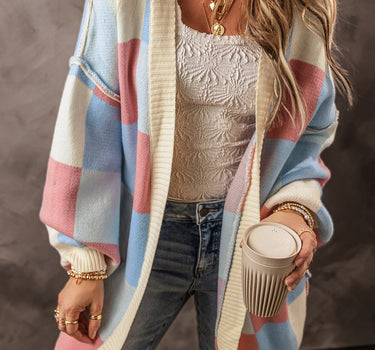 Light Blue Checkered Drop Shoulder Exposed Seam Open Front Cardigan