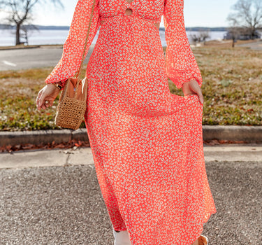 Red Floral Long Puff Sleeve V Neck Hollow Out Dress