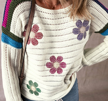 White Daisy Flower Pointelle Knit Sweater