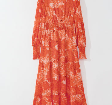 Orange Boho Floral Bishop Sleeve V Neck Tiered Maxi Dress