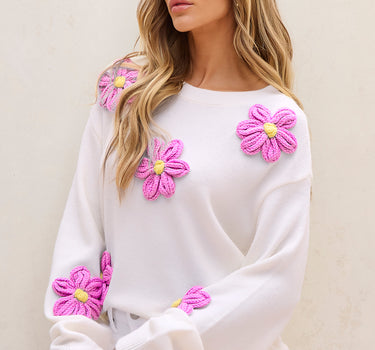 White Floral Crochet Chunky Knit Sweater