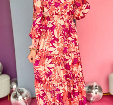 Rose Floral Print Buttoned Smocked High Waist Maxi Dress