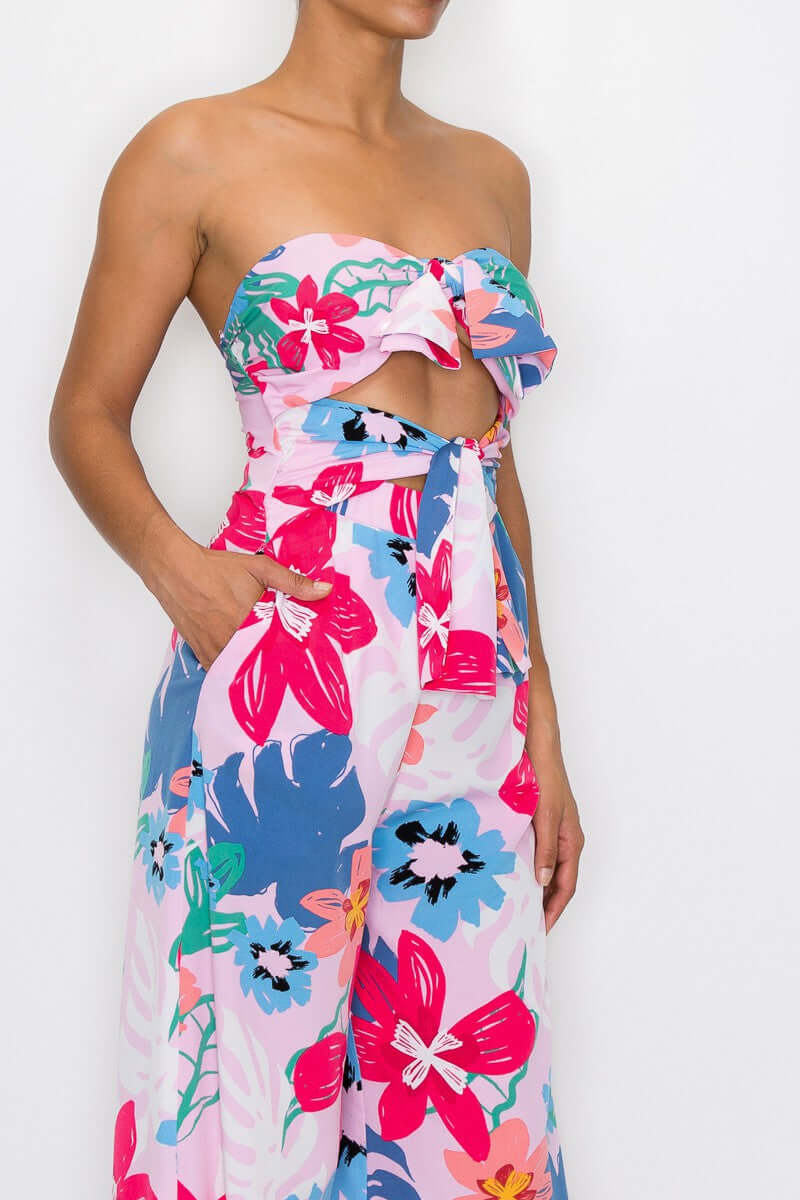 Flower print strapless heart neck front tie Jumpsuit