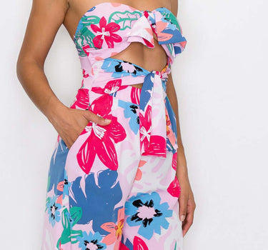 Flower print strapless heart neck front tie Jumpsuit