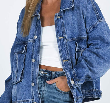 Blue Chest Pockets Drop Shoulder Loose Denim Jacket