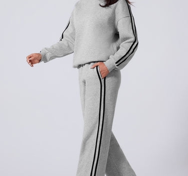 Light Grey Solid Color Side Striped Sweatshirt Active Set