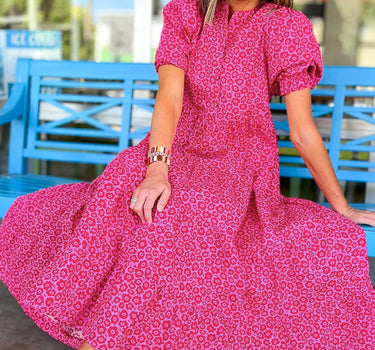 Rose Red Flower Mock Neck Puff Sleeve Tiered Maxi Dress