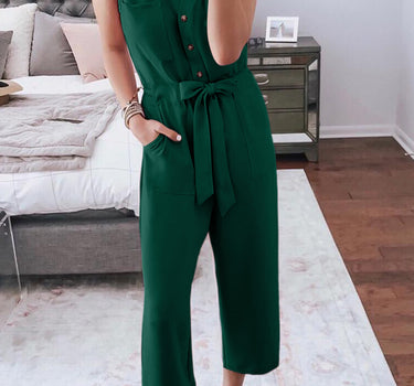 Green Buttoned Sleeveless Cropped Jumpsuit with Sash