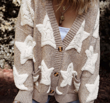 Khaki Sherpa Star Pattern Textured Sweater Cardigan with Pockets