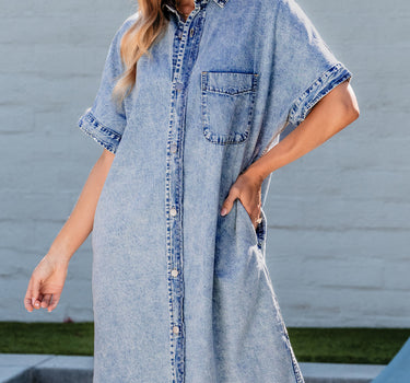 Light Blue Loose Medium Wash Short Sleeve Shirt Chambray Dress