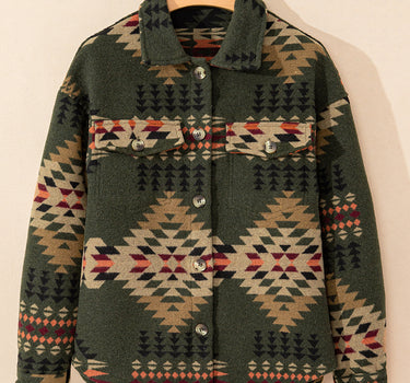 Green Aztec Print Flap Pockets Long Sleeve Shacket