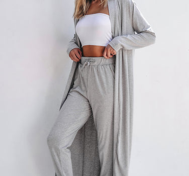 Light Grey Split Long Cardigan and Skinny Pants Lounge Set